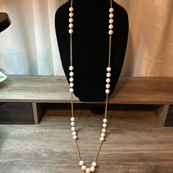 Kenneth Lane Extra Long Chain Necklace #151 gold tone white bead - Picture 1 of 9